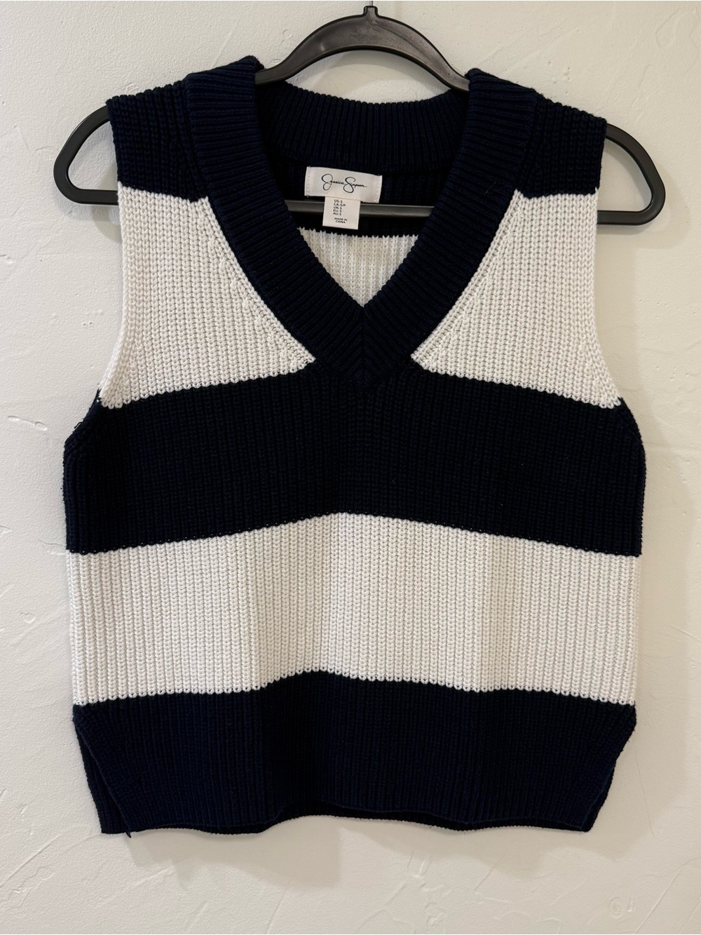Jessica Simpson Navy and White Striped V-Neck Sweater Vest. Size S. EUC.